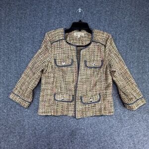 Democracy Blazer Womens L Multicolor Boucle Tweed Cropped Jacket Navy 3/4 Sleeve